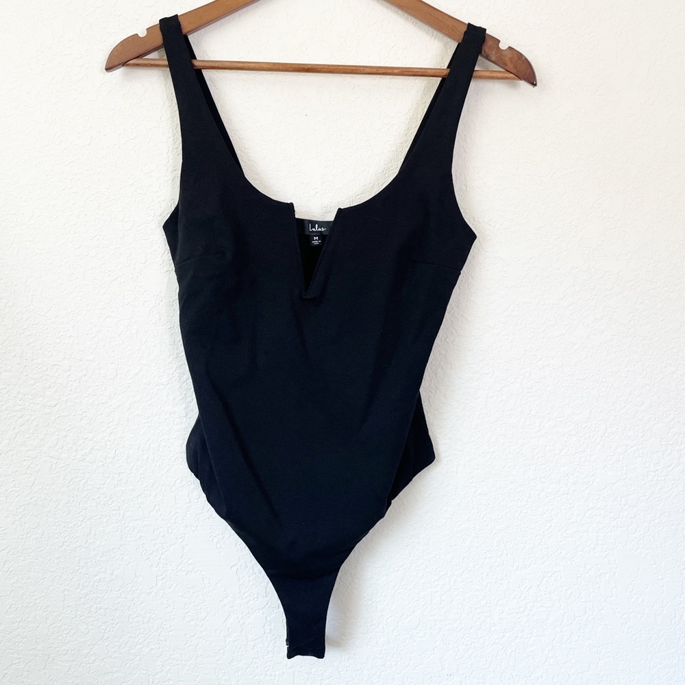 Lulus V Neck Thong Bodysuit with Snaps Black